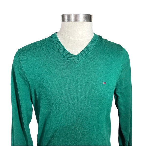 Tommy Hilfiger 100% Pima Cotton Green V-Neck Pullover Sweater Sz XL Flag Logo - Picture 2 of 13